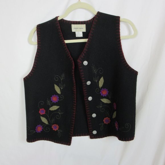 Lemon Grass Vest Vintage Black Fall Wool Blend Appliqued Flowers Autumn Medium - Picture 3 of 10